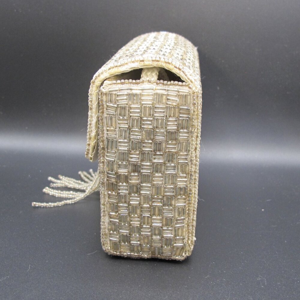Rectangular Silver Beaded Clutch With Bead Tassel… - image 4